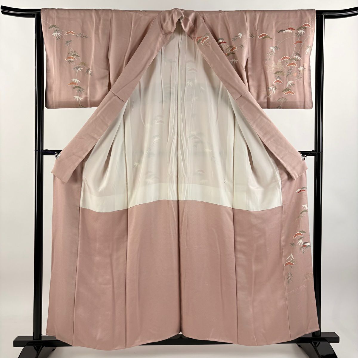 【庫存清倉】訪問服 身長157cm 袖長63cm S 雙層 松樹竹子 秋草 金銀彩 粉米色 純蠶絲 優品級