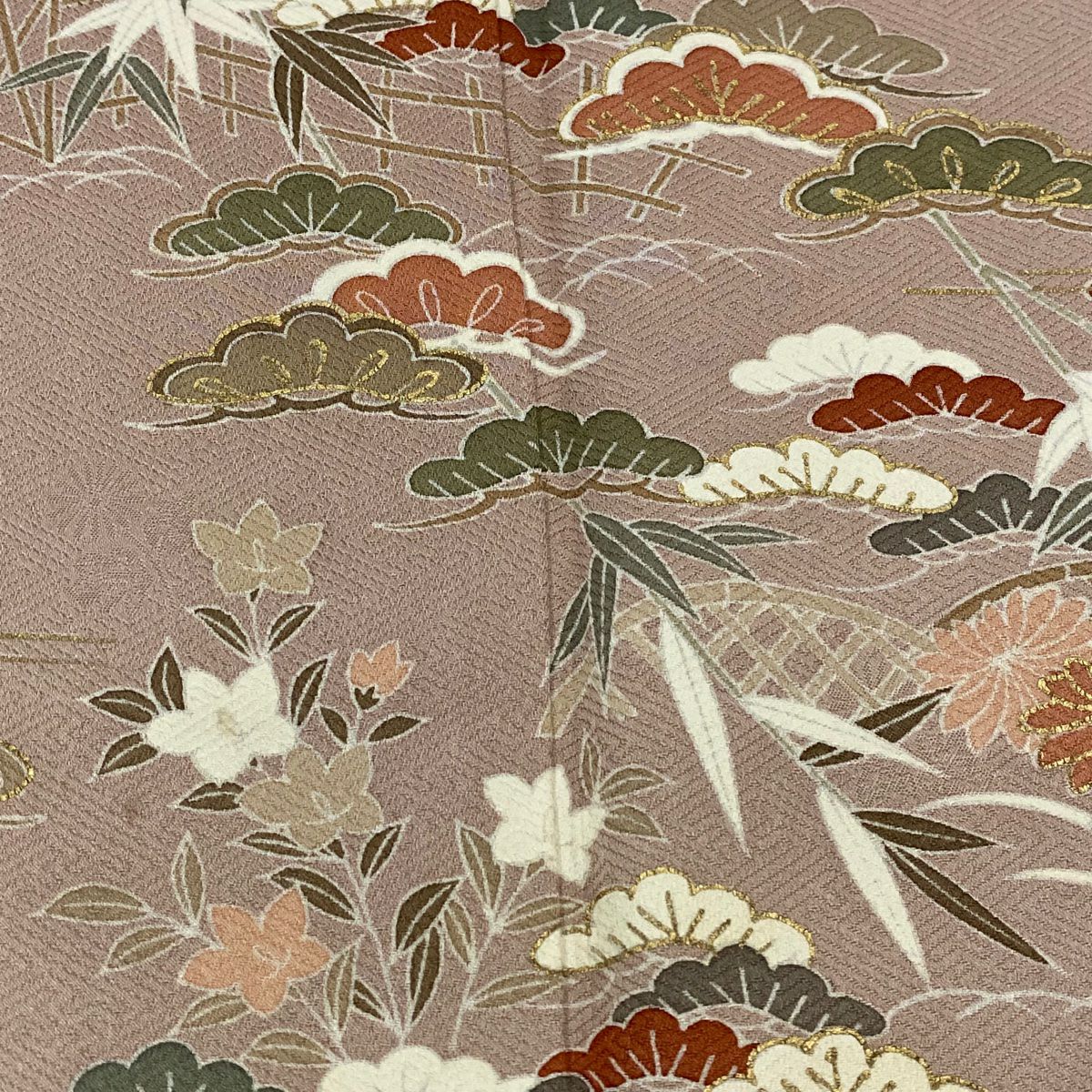 【庫存清倉】訪問服 身長157cm 袖長63cm S 雙層 松樹竹子 秋草 金銀彩 粉米色 純蠶絲 優品級