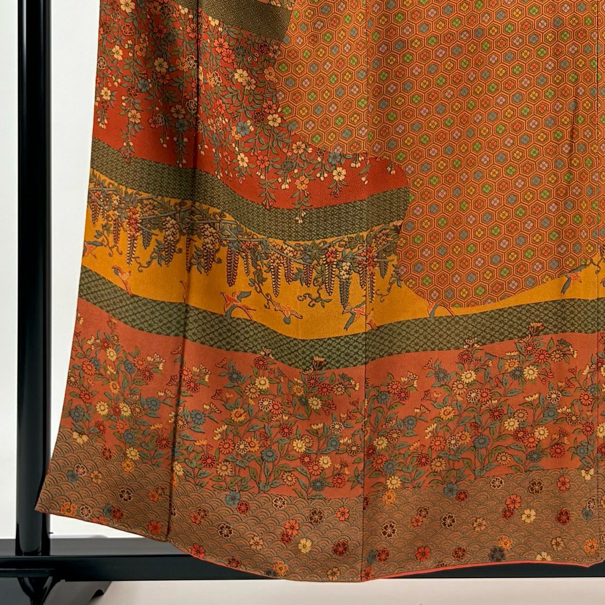 【庫存清倉】訪問服 身長157.5cm 袖長63.5cm S 雙層 細合俊男 有落款 櫻花鳥 紅茶 純蠶絲 美品 秀品級