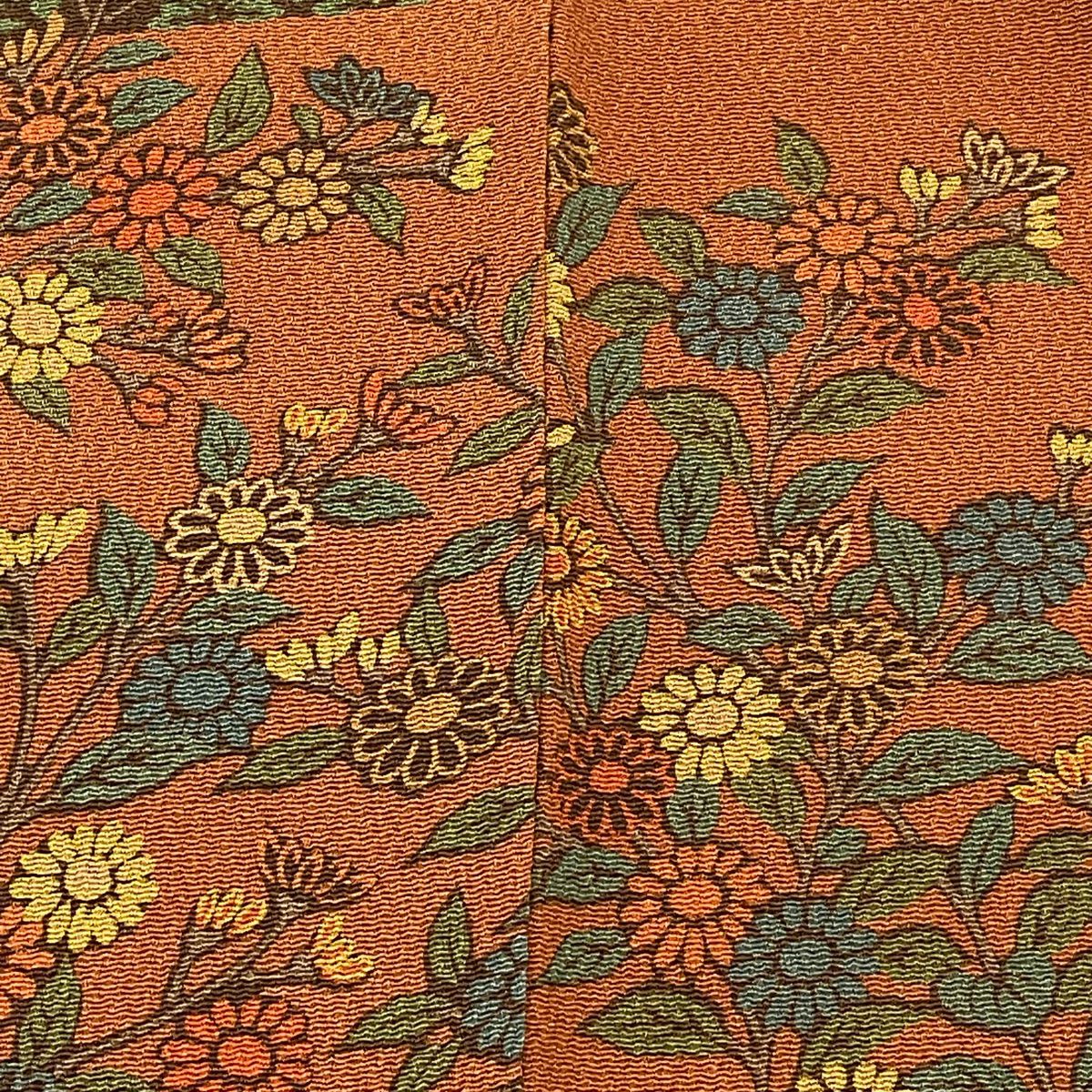 【庫存清倉】訪問服 身長157.5cm 袖長63.5cm S 雙層 細合俊男 有落款 櫻花鳥 紅茶 純蠶絲 美品 秀品級