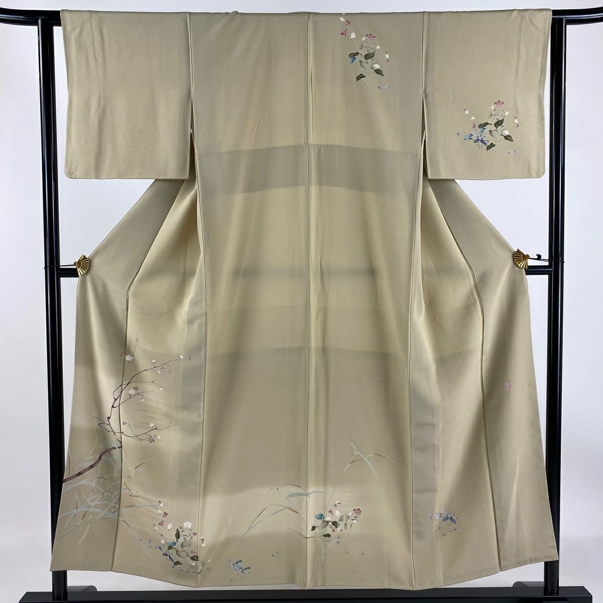 【清倉特賣】訪問服 身長152.5cm 袖長62cm S 雙層 落款有 枝梅花 草花紋紋 漸層 米色 純蠶絲 優品級