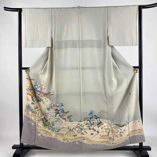 【庫存清倉】 留袖禮服禮服 身長157.5cm 袖長63cm S 雙層 落款有 松樹竹子梅花 海邊風景 漸層 灰白 純蠶絲 優品級 三個紋樣