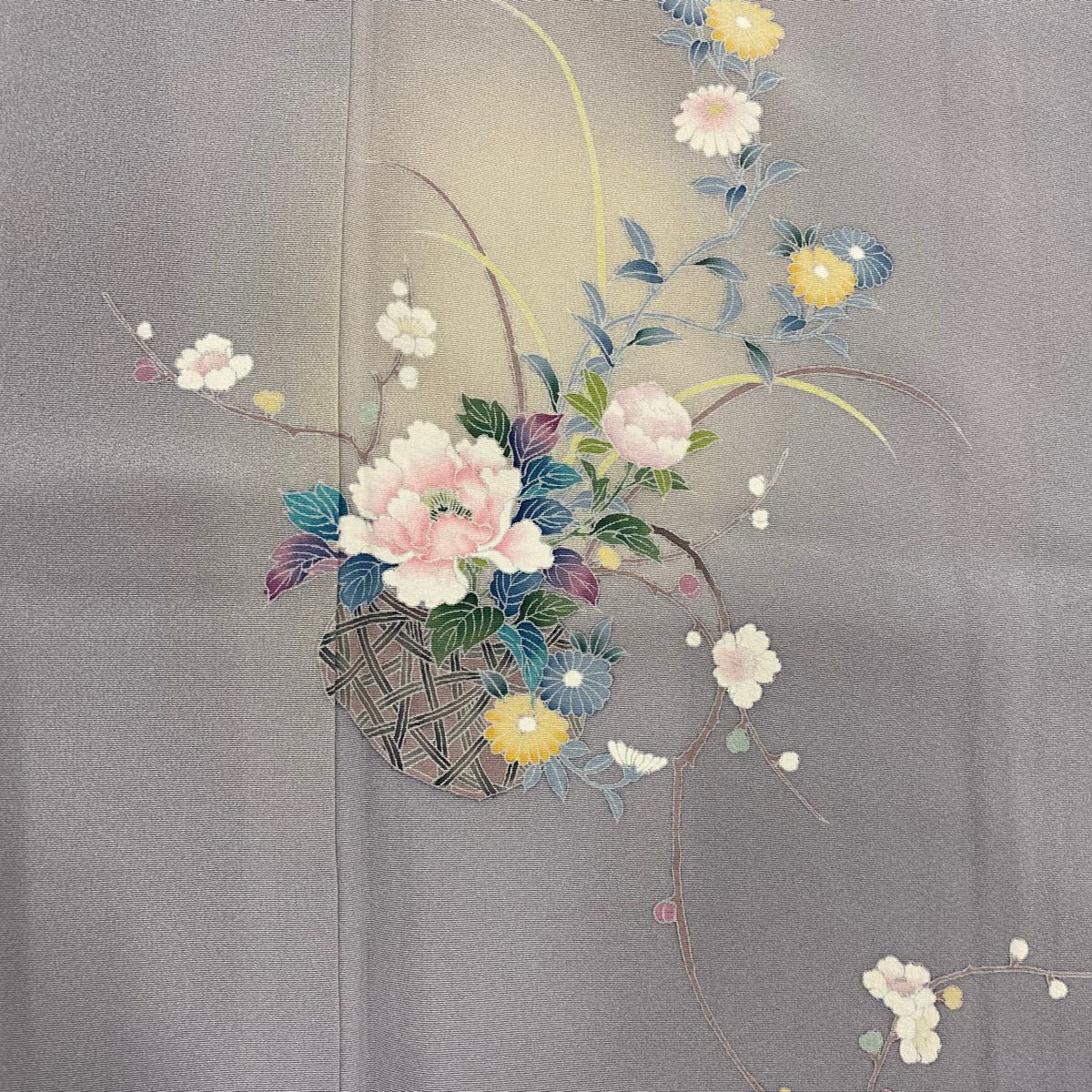 【庫存清倉】 付下 身長159.5cm 袖長63.5cm S 雙層 花籠 枝花 漸層 灰紫 純蠶絲 優品級