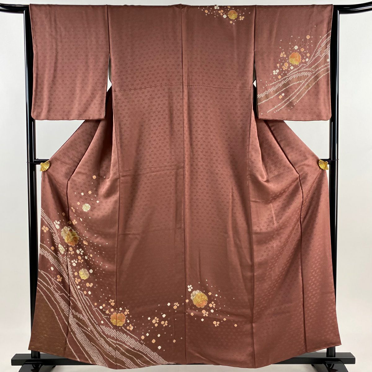 【庫存清倉】訪問服 身長160cm 袖長65cm M 雙層 雪輪 草花紋紋 刺繡 絞染 小豆 純蠶絲 優品級
