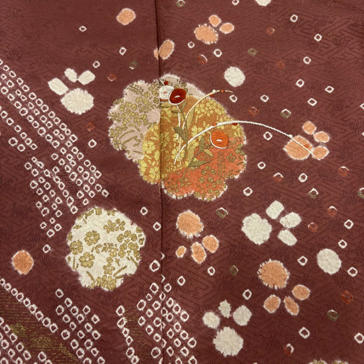 【庫存清倉】訪問服 身長160cm 袖長65cm M 雙層 雪輪 草花紋紋 刺繡 絞染 小豆 純蠶絲 優品級