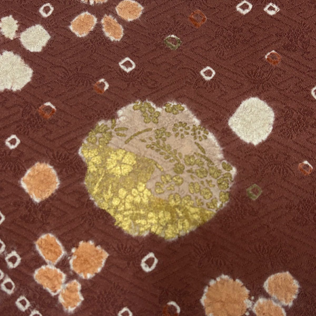 【庫存清倉】訪問服 身長160cm 袖長65cm M 雙層 雪輪 草花紋紋 刺繡 絞染 小豆 純蠶絲 優品級
