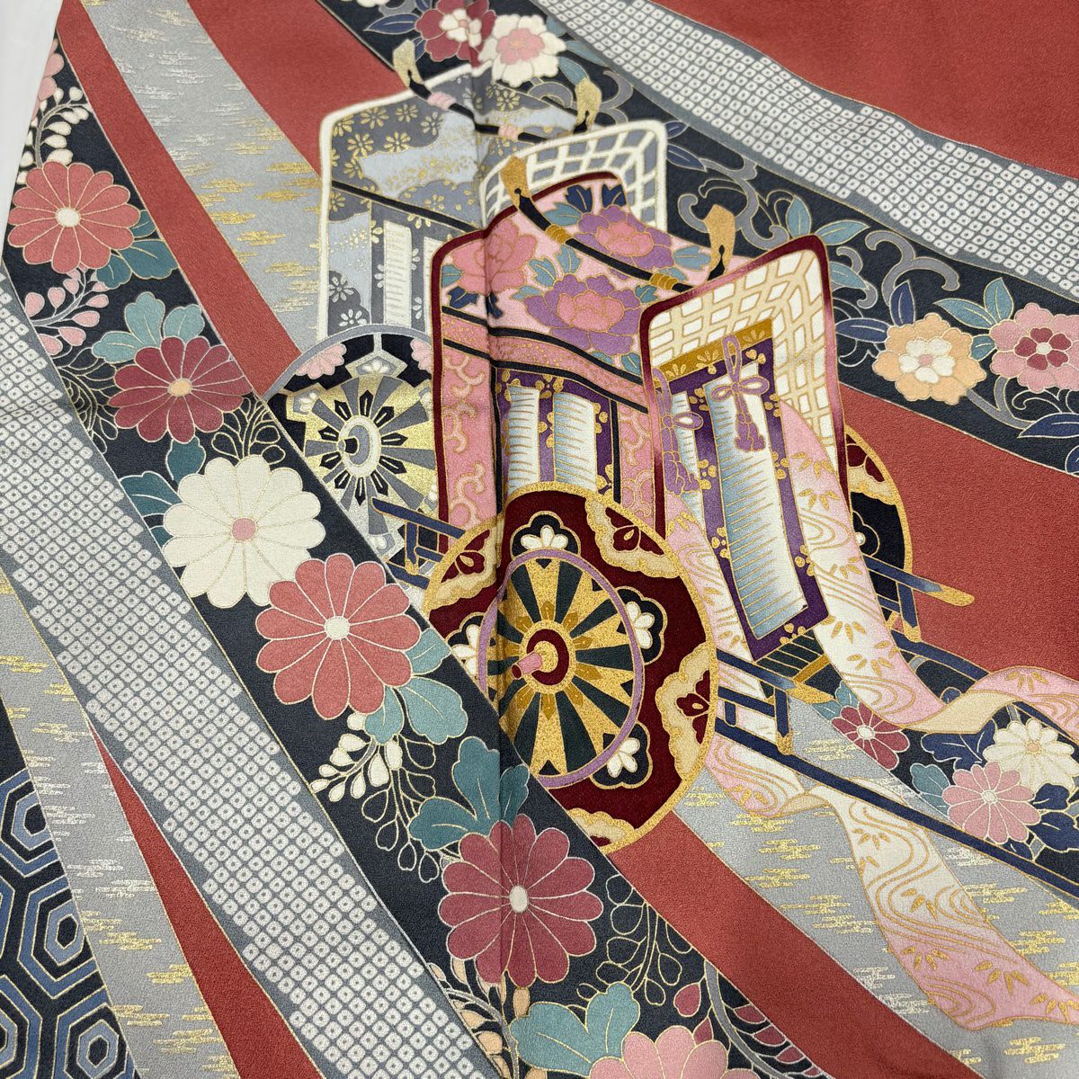 【庫存清倉】訪問服 身長166.5cm 袖長66cm M 雙層 落款有 御所車 草花紋紋 金銀彩 漸層 深粉色 純蠶絲 優品級