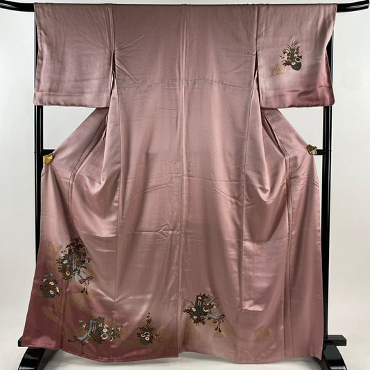 【庫存清倉】 付下 身長163.5cm 袖長67cm M 雙層 御所車 草花紋紋 金彩裝飾 漸層 粉紅 純蠶絲 優品級