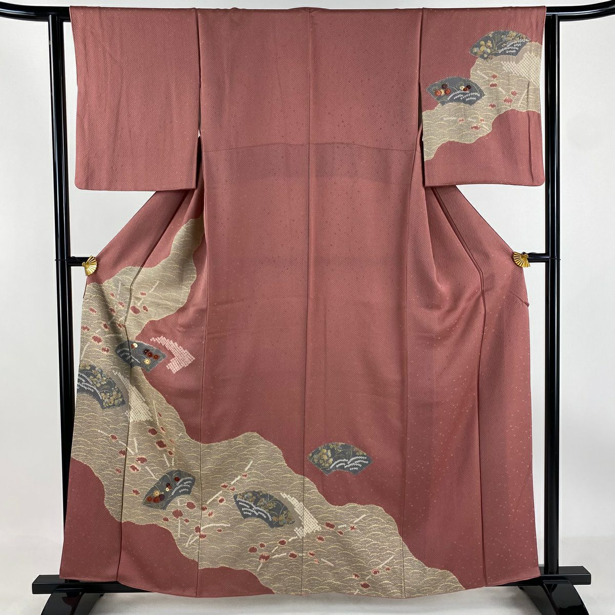 【庫存清倉】訪問服 身長160cm 袖長62.5cm S 雙層 扇子面 草花紋紋 金銀彩 刺繡 粉紅 純蠶絲 美品 秀品級