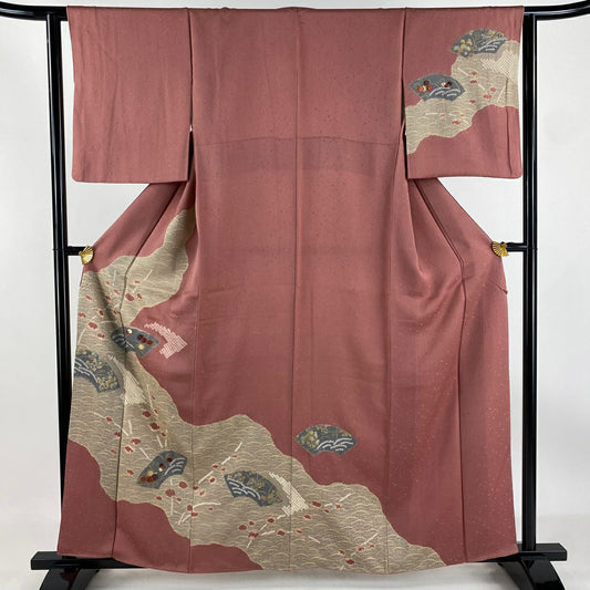 【庫存清倉】訪問服 身長160cm 袖長62.5cm S 雙層 扇子面 草花紋紋 金銀彩 刺繡 粉紅 純蠶絲 美品 秀品級