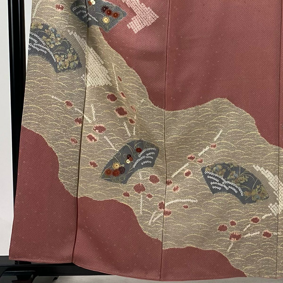 【庫存清倉】訪問服 身長160cm 袖長62.5cm S 雙層 扇子面 草花紋紋 金銀彩 刺繡 粉紅 純蠶絲 美品 秀品級