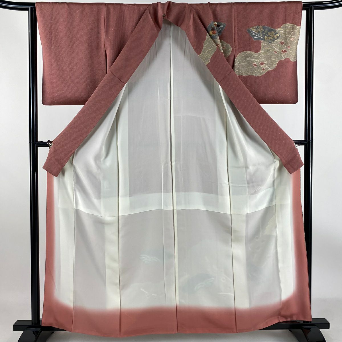 【庫存清倉】訪問服 身長160cm 袖長62.5cm S 雙層 扇子面 草花紋紋 金銀彩 刺繡 粉紅 純蠶絲 美品 秀品級