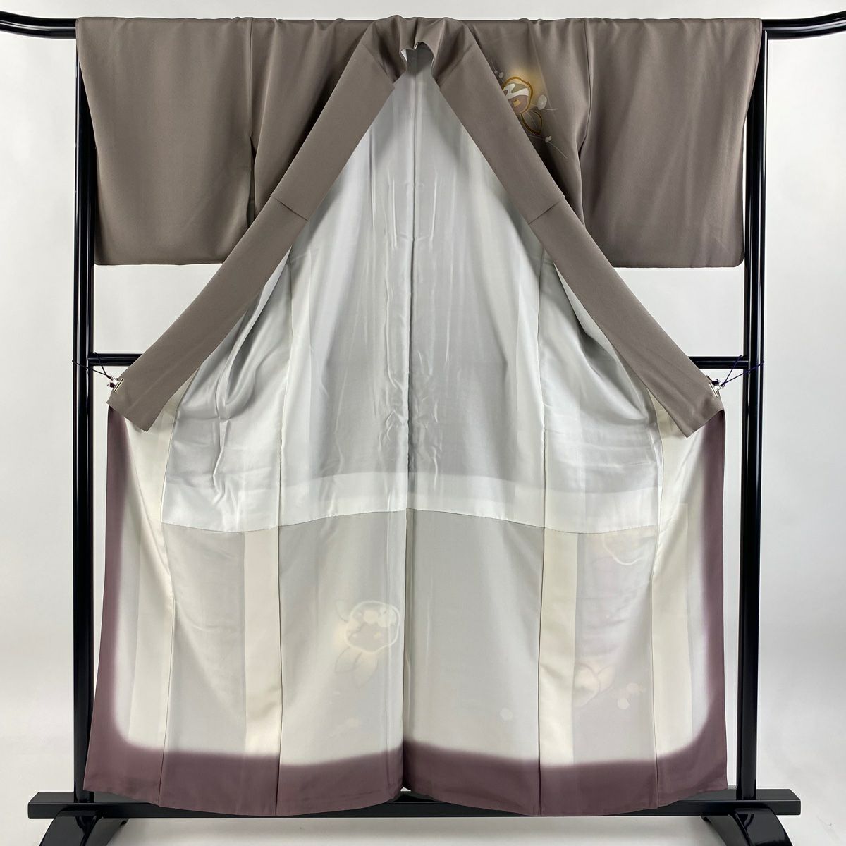 【庫存清倉】 付下 身長159.5cm 袖長66cm M 雙層 椿 枝梅花 金彩裝飾 漸層 灰茶 純蠶絲 優品級