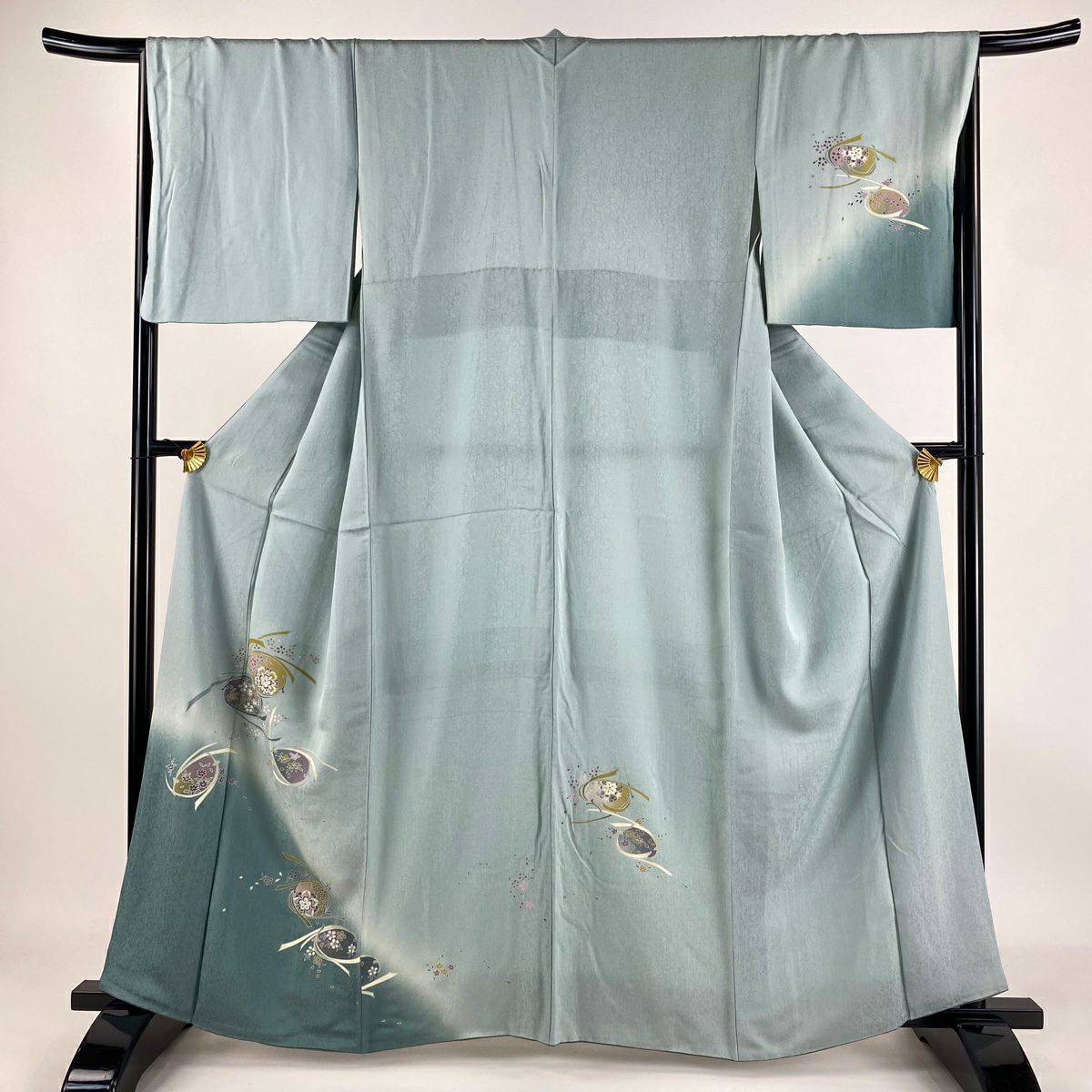 【庫存清倉】 付下 身長162cm 袖長67cm M 雙層 松樹葉 草花紋紋 染分 逐漸深色 深綠 純蠶絲 優品級