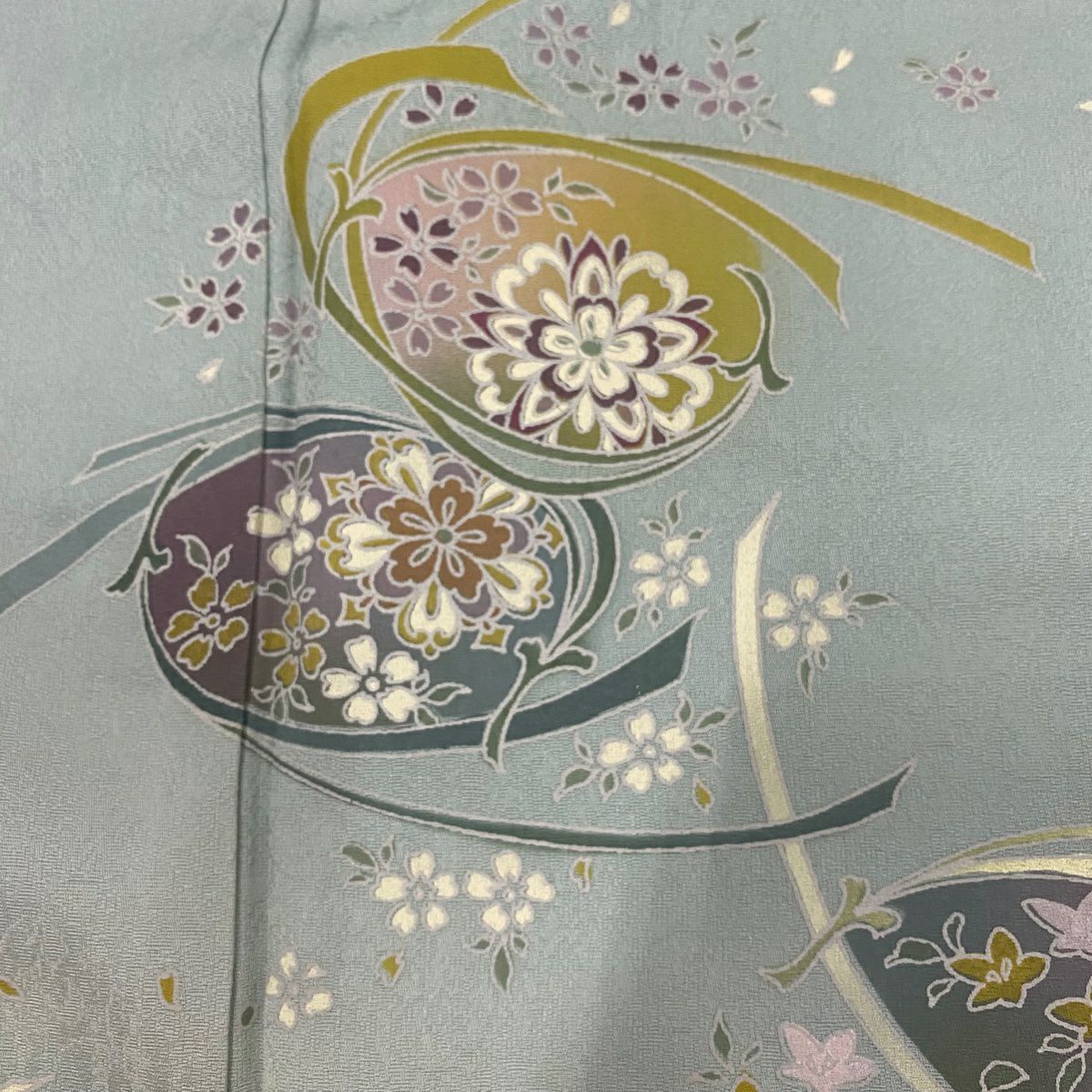【庫存清倉】 付下 身長162cm 袖長67cm M 雙層 松樹葉 草花紋紋 染分 逐漸深色 深綠 純蠶絲 優品級