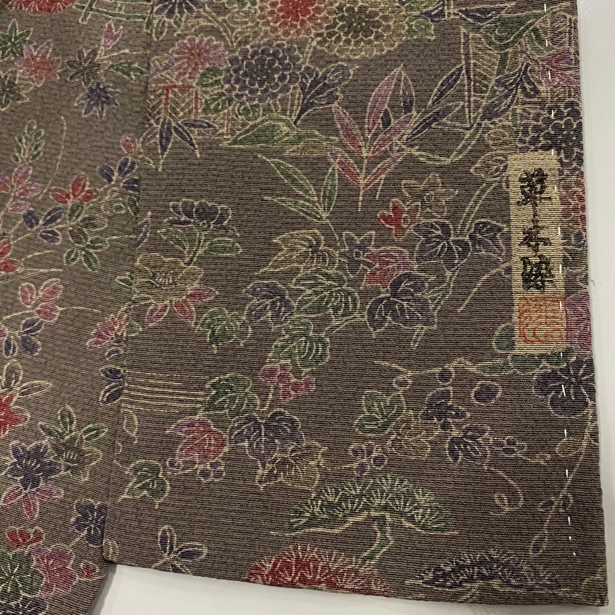 【庫存清倉】 江戶小紋 身長154cm 袖長62cm S 雙層 本草木染 有落款 草花紋紋 橋 灰紫 純蠶絲 優品級