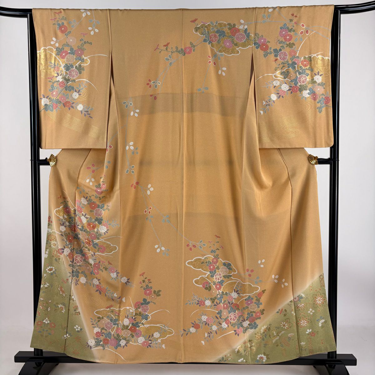 【庫存清倉】訪問服 身長157.5cm 袖長64.5cm M 雙層 菊花 雲紋 金絲 金銀彩 淺橙色 純蠶絲 美品 優品級