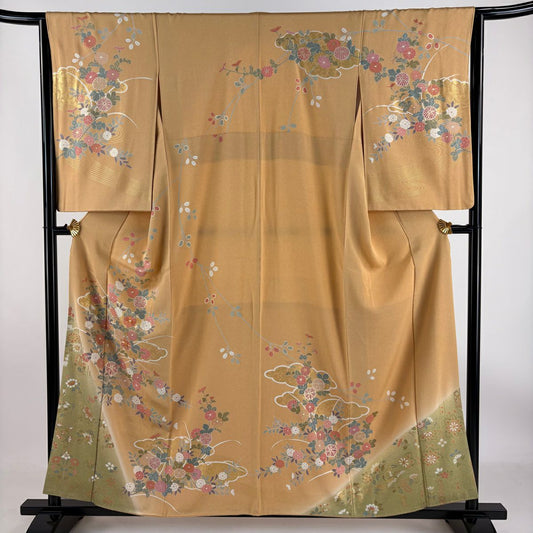 【庫存清倉】訪問服 身長157.5cm 袖長64.5cm M 雙層 菊花 雲紋 金絲 金銀彩 淺橙色 純蠶絲 美品 優品級