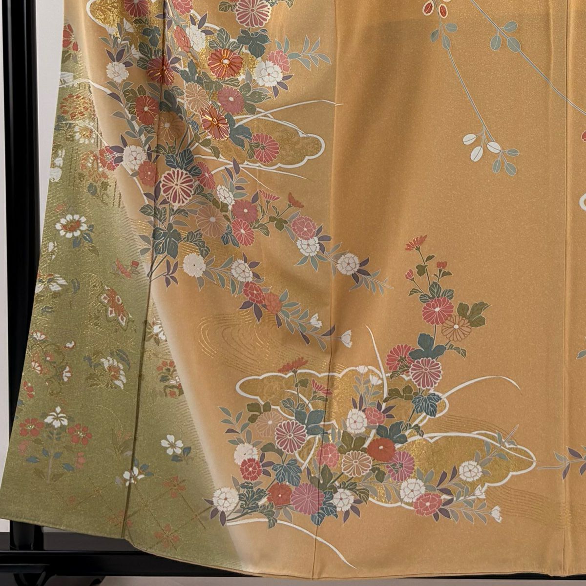【庫存清倉】訪問服 身長157.5cm 袖長64.5cm M 雙層 菊花 雲紋 金絲 金銀彩 淺橙色 純蠶絲 美品 優品級