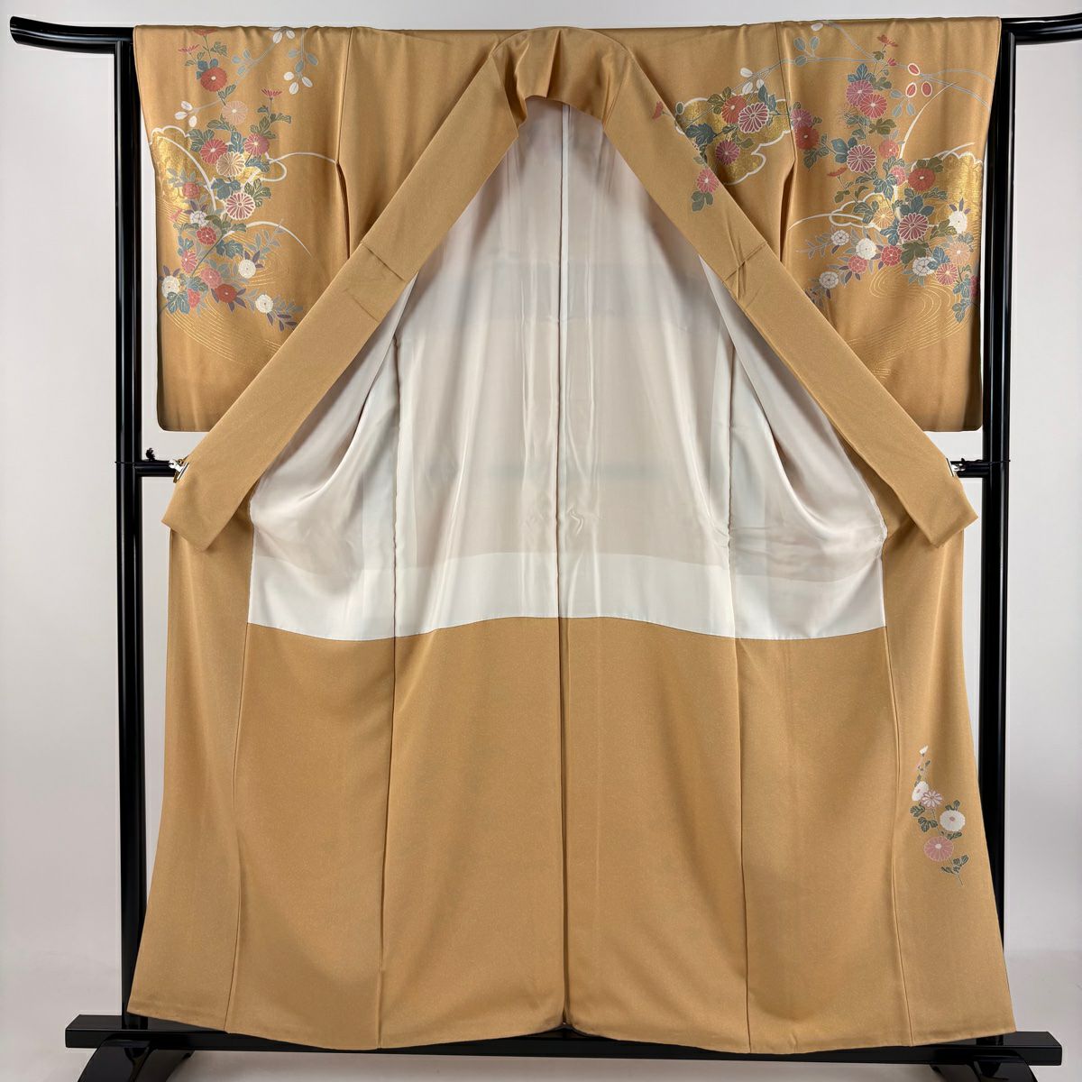 【庫存清倉】訪問服 身長157.5cm 袖長64.5cm M 雙層 菊花 雲紋 金絲 金銀彩 淺橙色 純蠶絲 美品 優品級