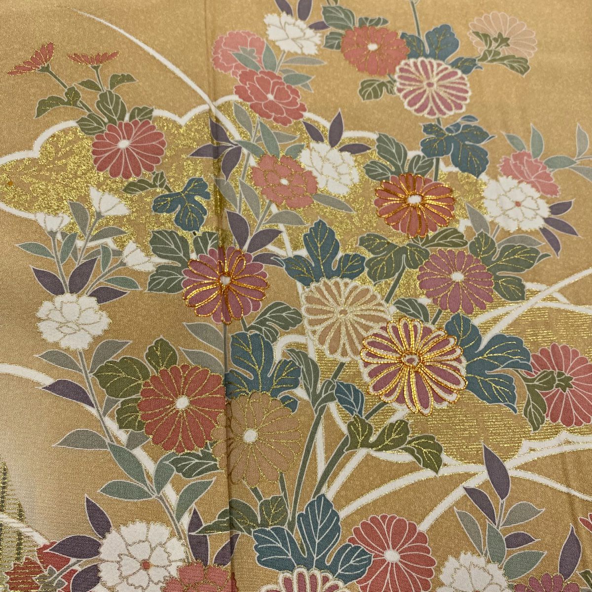 【庫存清倉】訪問服 身長157.5cm 袖長64.5cm M 雙層 菊花 雲紋 金絲 金銀彩 淺橙色 純蠶絲 美品 優品級