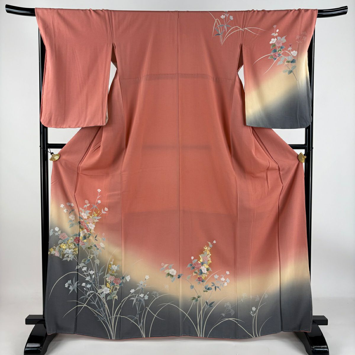 【庫存清倉】訪問服 身長166cm 袖長69cm L 雙層 草花紋紋 金彩裝飾 漸層 粉紅 純蠶絲 優品級