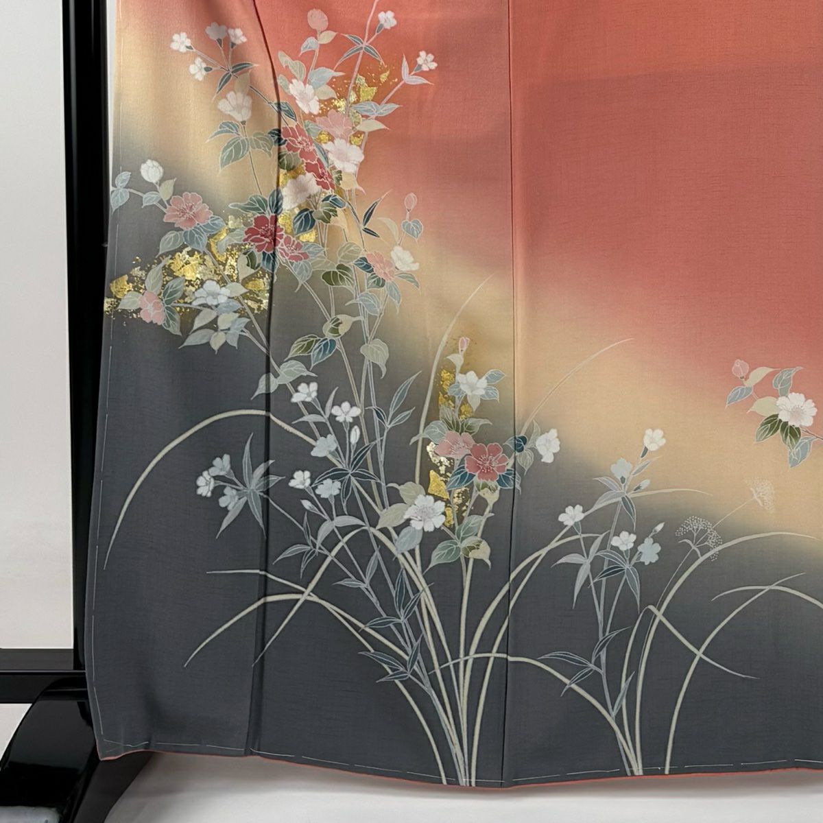 【庫存清倉】訪問服 身長166cm 袖長69cm L 雙層 草花紋紋 金彩裝飾 漸層 粉紅 純蠶絲 優品級