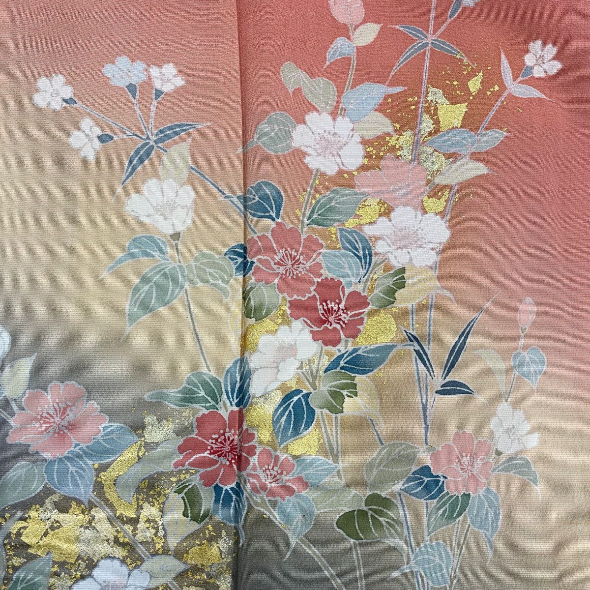 【庫存清倉】訪問服 身長166cm 袖長69cm L 雙層 草花紋紋 金彩裝飾 漸層 粉紅 純蠶絲 優品級