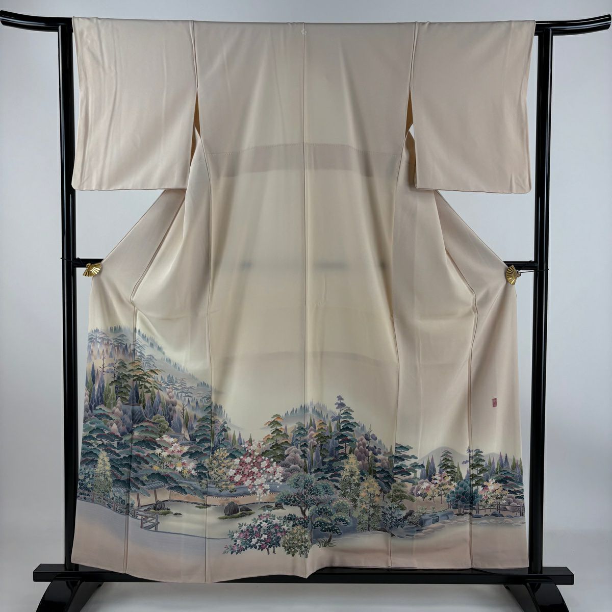 【庫存清倉】 留袖禮服禮服 身長159cm 袖長62cm S 雙層 岡村蒼風 落款 龍安寺 風景 漸變 薄粉紅 純蠶絲 優品級 一個紋