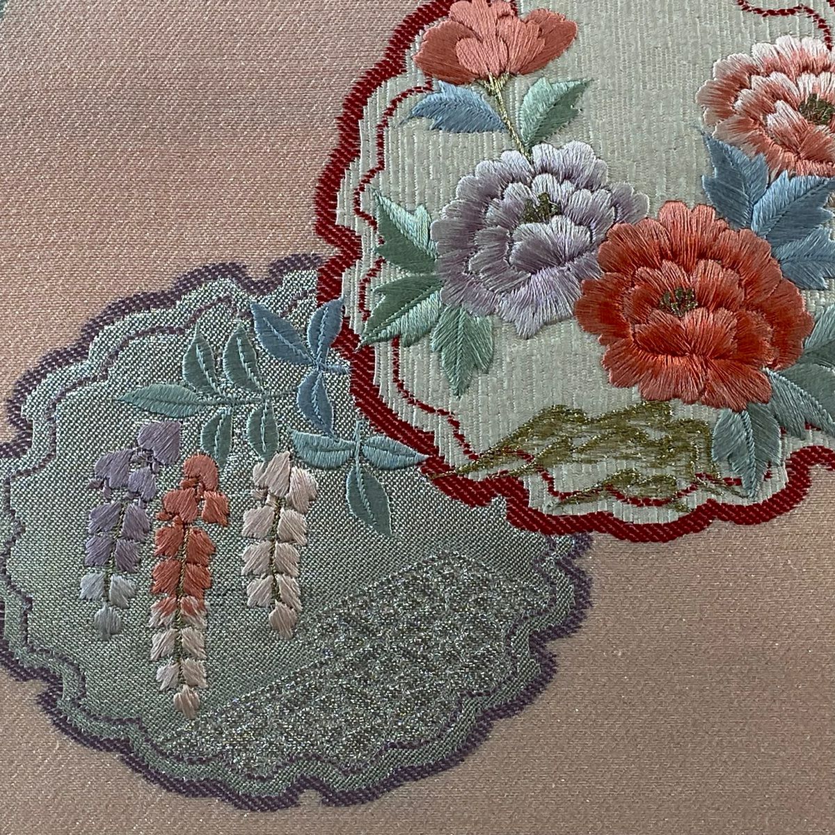 【庫存清倉】 名古屋帶 優品級 關西仕立 雪輪 草花紋刺繡 金銀彩 淺粉色 純蠶絲