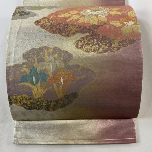 【庫存清倉】 袋帶 美品 秀品級 雲紋 草花紋紋 金金箔 螺鈿金金箔 金色 六通 純蠶絲