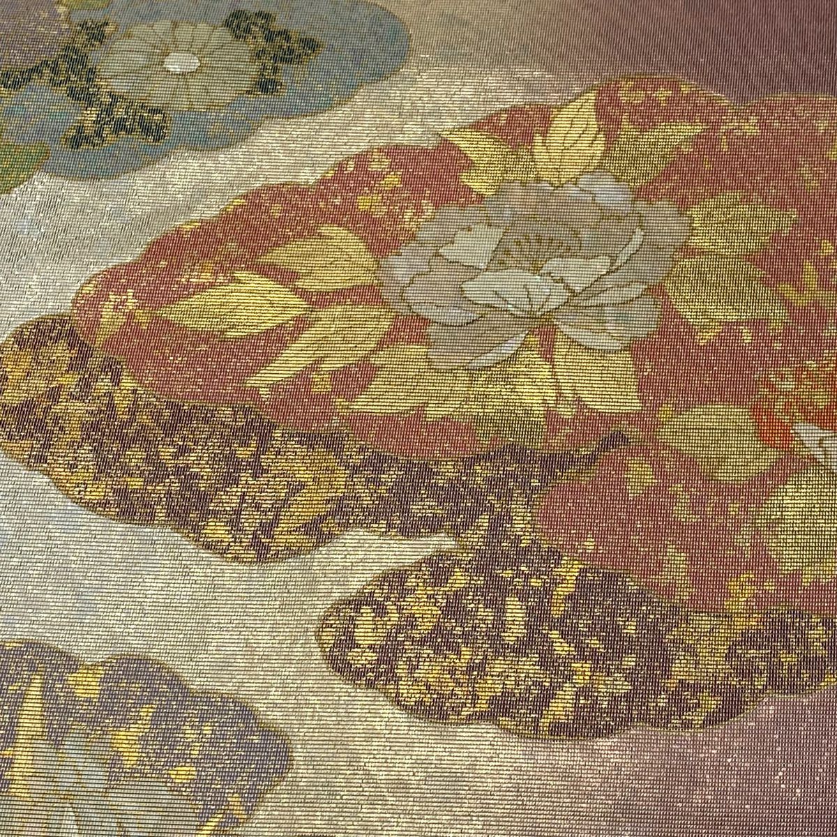 【庫存清倉】 袋帶 美品 秀品級 雲紋 草花紋紋 金金箔 螺鈿金金箔 金色 六通 純蠶絲