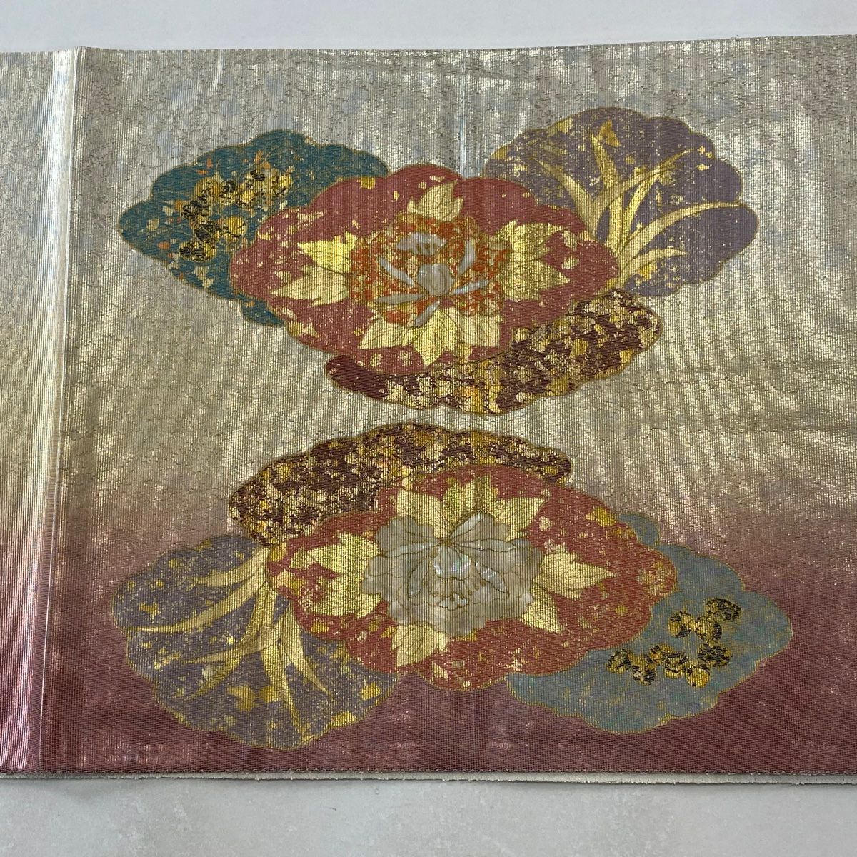 【庫存清倉】 袋帶 美品 秀品級 雲紋 草花紋紋 金金箔 螺鈿金金箔 金色 六通 純蠶絲