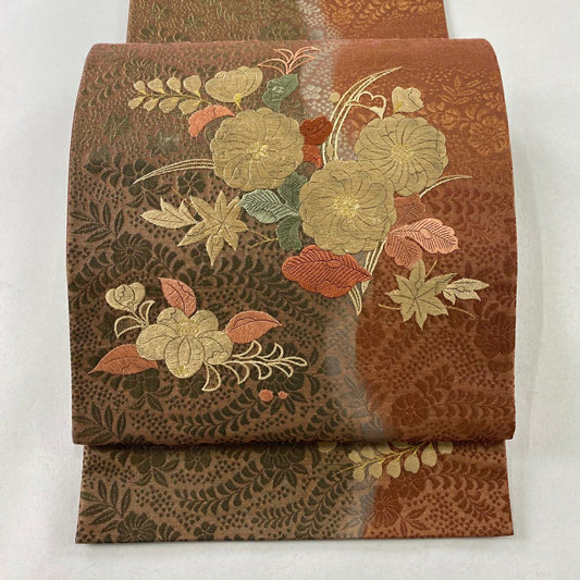 【庫存清倉】 袋帶 優品級 草花紋刺繡 金金箔 淺小豆 大鼓圖案 純蠶絲
