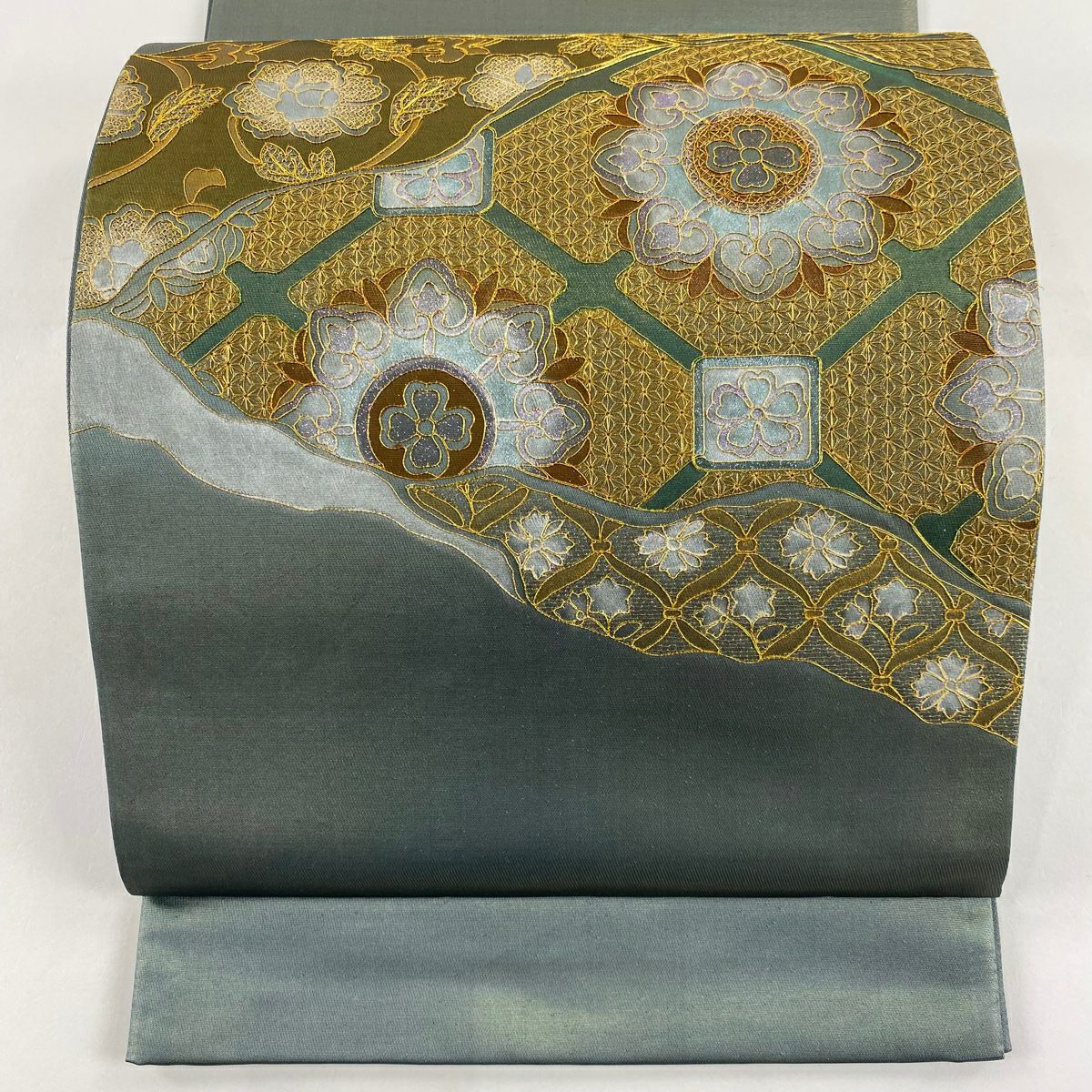 【庫存清倉】 袋帶 美品 秀品級 蜀江華紋 花唐草紋 金絲 拉麵 綠色 大鼓圖案 純蠶絲