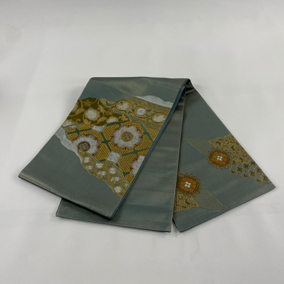【庫存清倉】 袋帶 美品 秀品級 蜀江華紋 花唐草紋 金絲 拉麵 綠色 大鼓圖案 純蠶絲