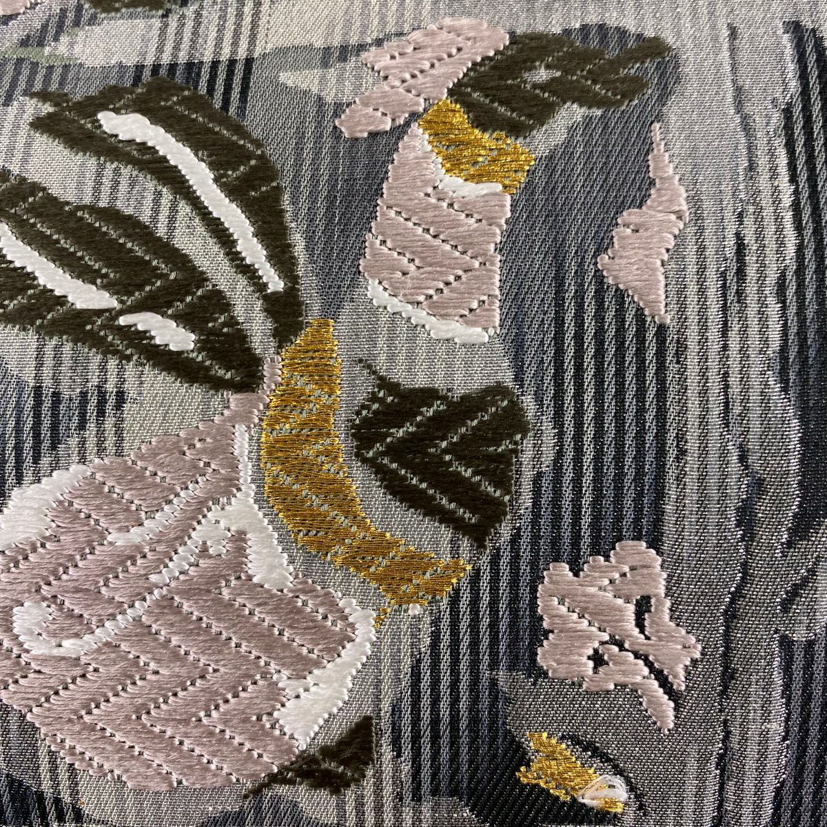 【庫存清倉】 袋帶 美品 秀品級 草花紋紋 鳥 唐織 金絲 灰綠 六通 純蠶絲