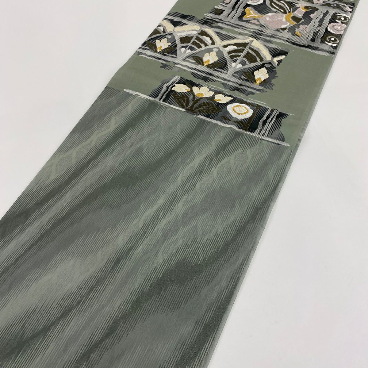 【庫存清倉】 袋帶 美品 秀品級 草花紋紋 鳥 唐織 金絲 灰綠 六通 純蠶絲