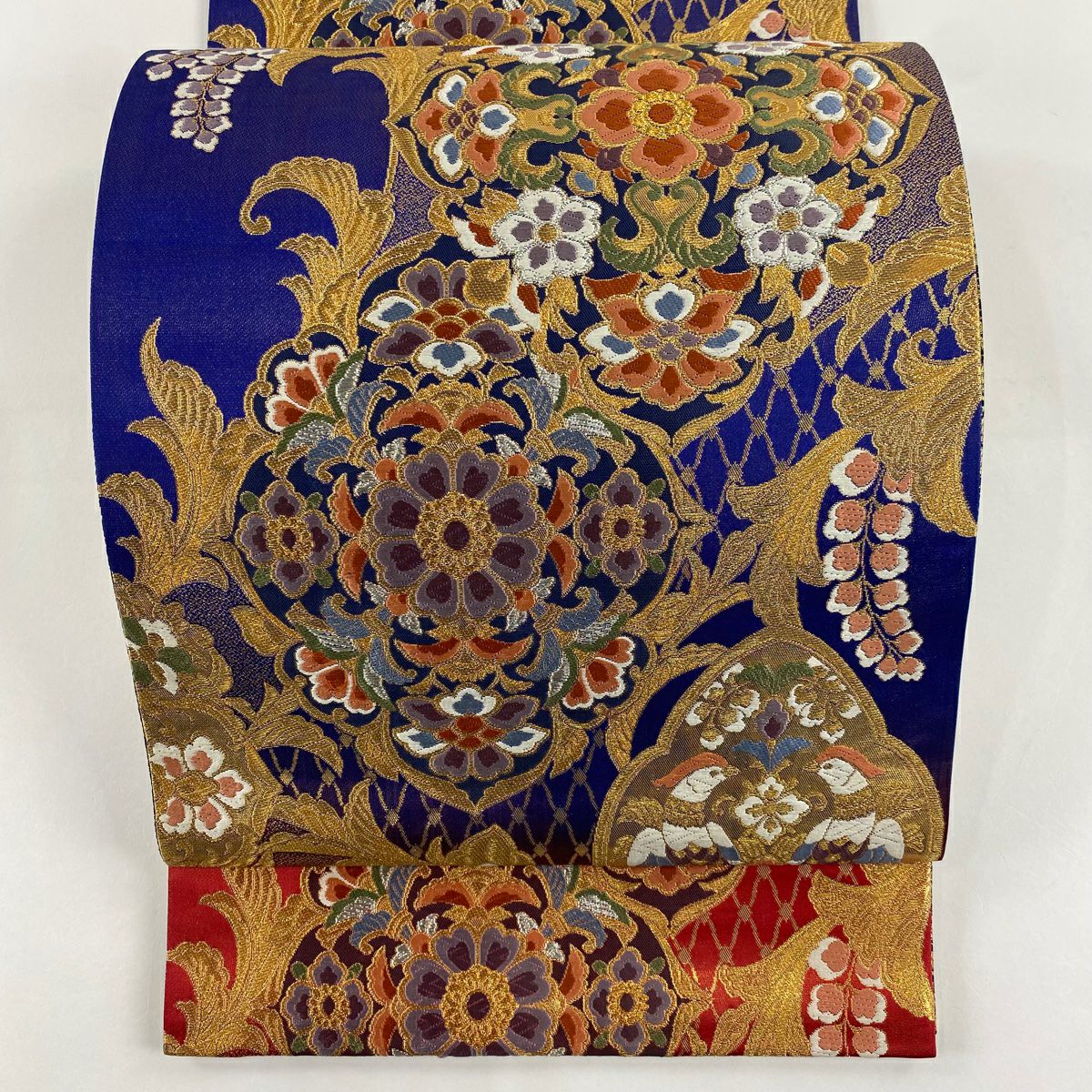 袋帶 美品 秀品級 振袖禮服禮服用 三色染 華紋 花鳥 唐織 金銀彩 青紫 六通 純蠶絲