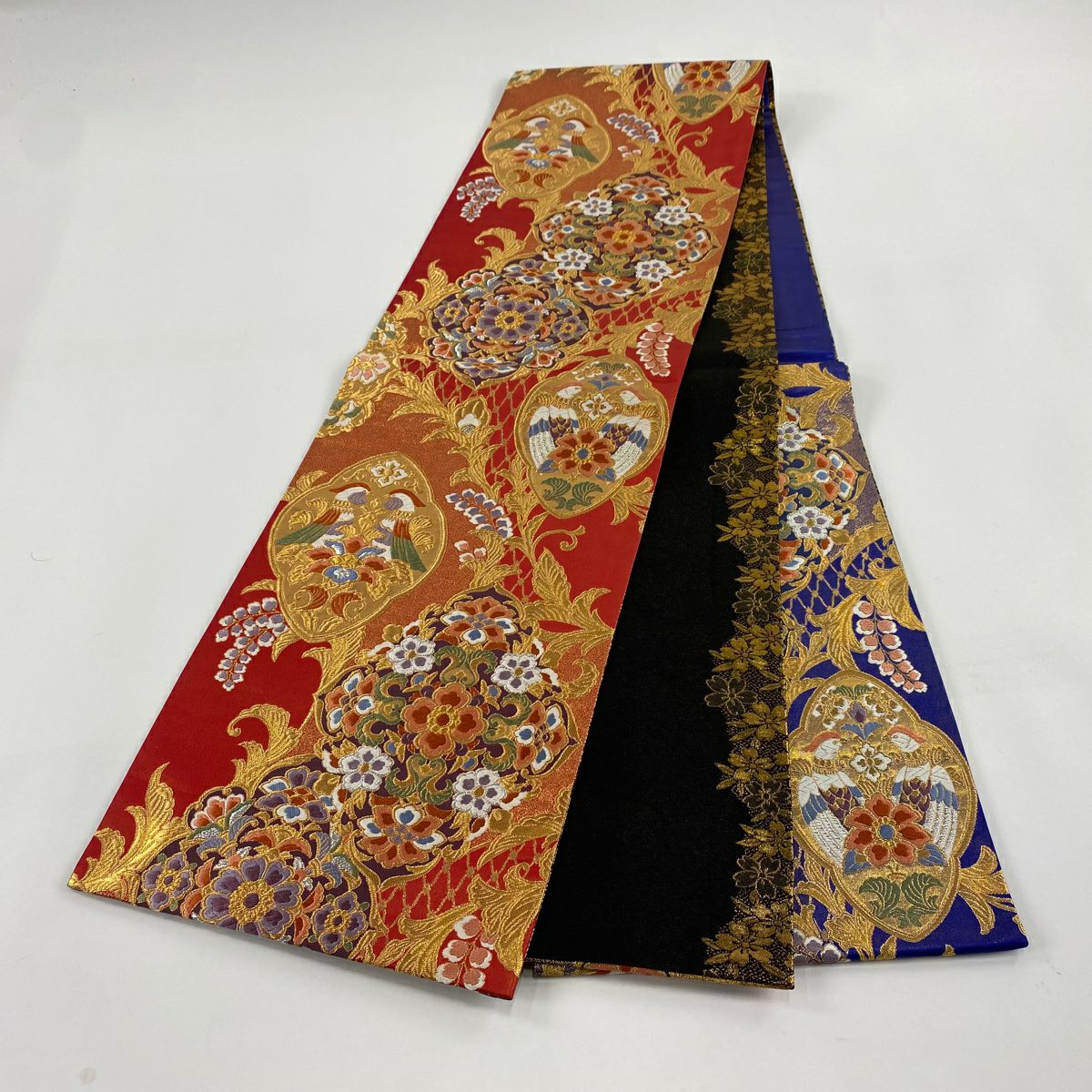 袋帶 美品 秀品級 振袖禮服禮服用 三色染 華紋 花鳥 唐織 金銀彩 青紫 六通 純蠶絲