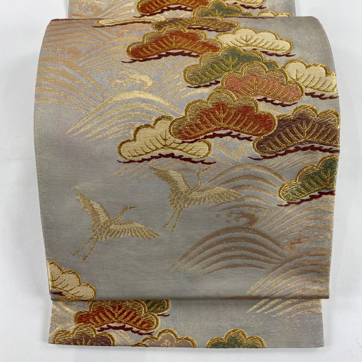 【庫存清倉】 袋帶 優品級 仙鶴松樹 波 唐織 金絲 灰茶 六通 純蠶絲