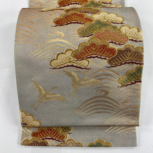 【庫存清倉】 袋帶 優品級 仙鶴松樹 波 唐織 金絲 灰茶 六通 純蠶絲