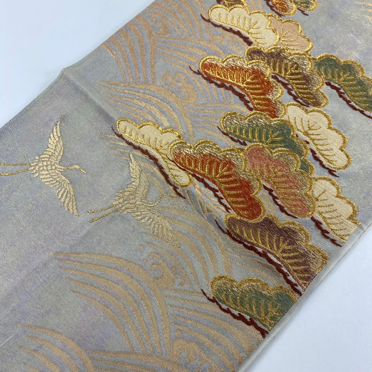 【庫存清倉】 袋帶 優品級 仙鶴松樹 波 唐織 金絲 灰茶 六通 純蠶絲