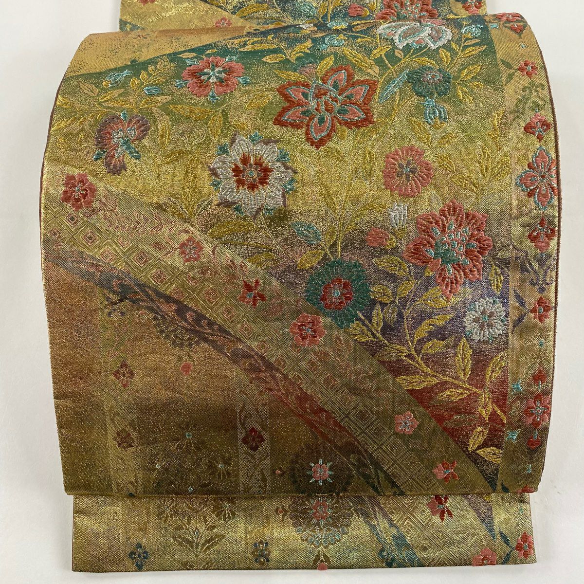 【庫存清倉】 袋帶 優品級 草花紋紋 菱形 金銀線 金金箔 金色 六通 純蠶絲