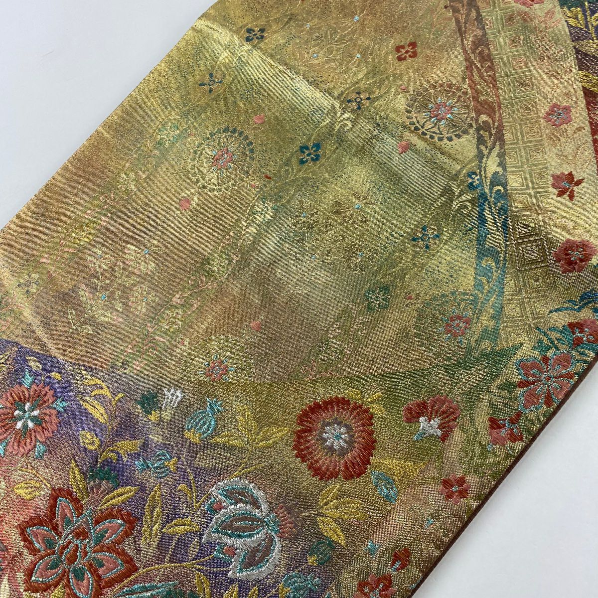 【庫存清倉】 袋帶 優品級 草花紋紋 菱形 金銀線 金金箔 金色 六通 純蠶絲