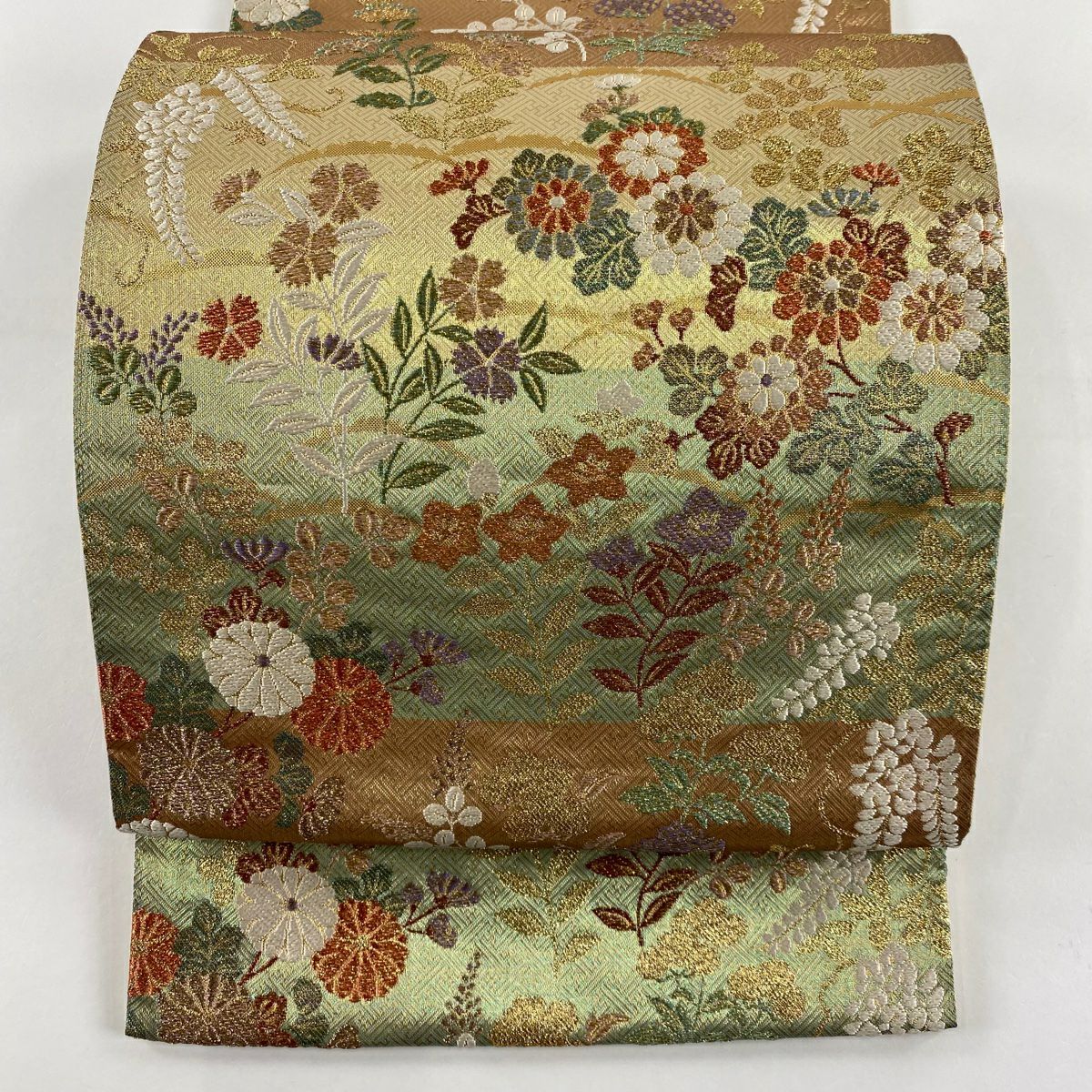 【庫存清倉】 袋帶 美品 秀品級 草花紋 橫段 金絲 金金箔 金色 六通 純蠶絲