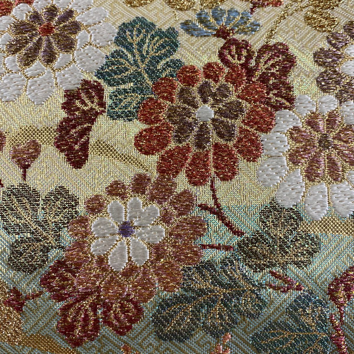 【庫存清倉】 袋帶 美品 秀品級 草花紋 橫段 金絲 金金箔 金色 六通 純蠶絲
