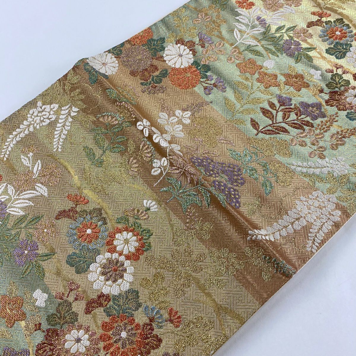 【庫存清倉】 袋帶 美品 秀品級 草花紋 橫段 金絲 金金箔 金色 六通 純蠶絲