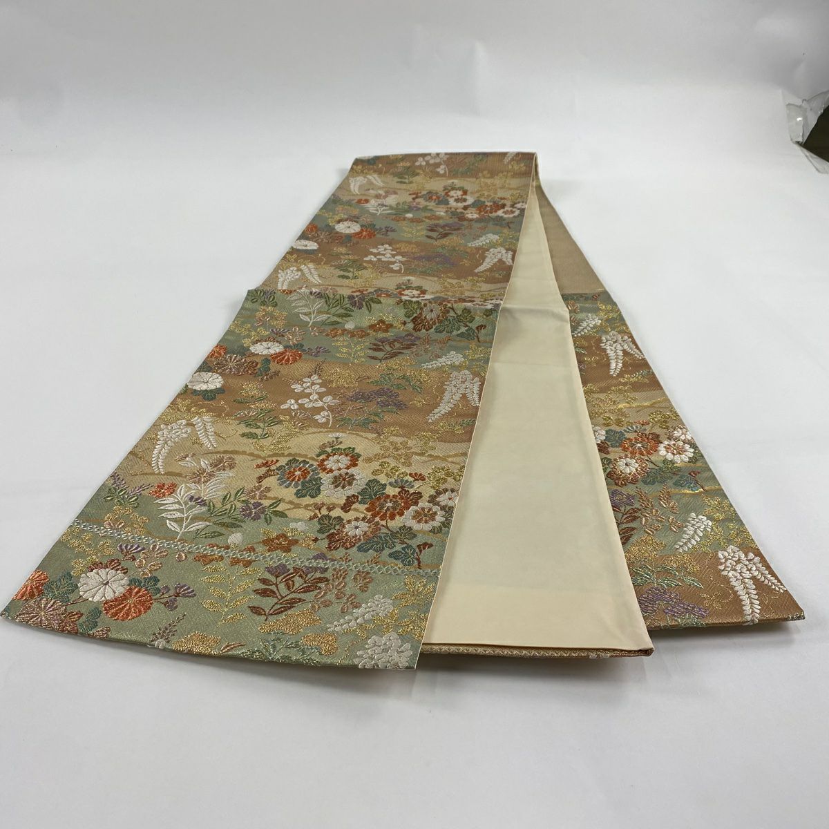 【庫存清倉】 袋帶 美品 秀品級 草花紋 橫段 金絲 金金箔 金色 六通 純蠶絲
