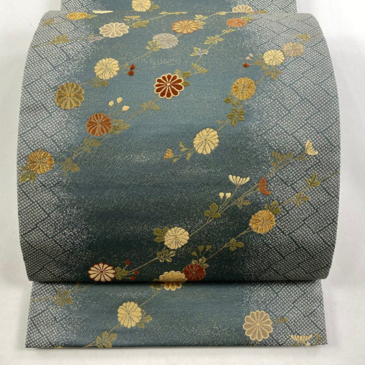 【庫存清倉】 袋帶 美品 秀品級 菊花 金絲 金通 灰綠 六通 純蠶絲